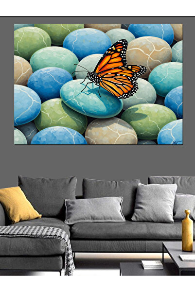 Artmeg Pânză decorativă cu pietre marine colorate și fluturi - Tablou din lem...