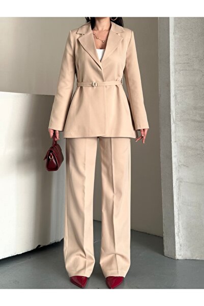 Moda İkra Blazer Jacket Wide-Leg Pants Suit and Tied at the Waist with a Thin Belt in the Color,