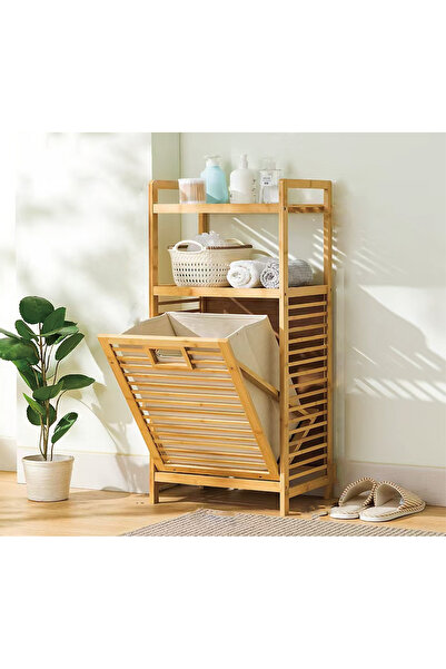Bayev Bambu Krem Sepetli 2 Raflı Organizer 700752 Çamaşır Sepeti Banyo Raf Dü...