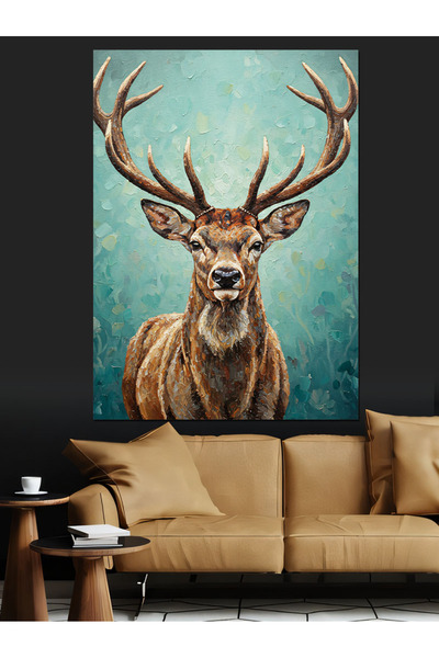 karizmart Boynuzlu Geyik Hayvan Portresi Dekoratif Kanvas - Mdf Ahşap Tablo