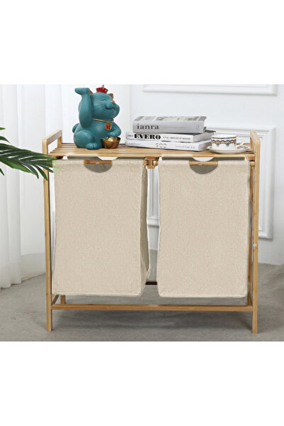Bayev Bambu Krem 2 Bez Sepetli Raflı Organizer 700753 - Çamaşır Sepeti Oyunca...