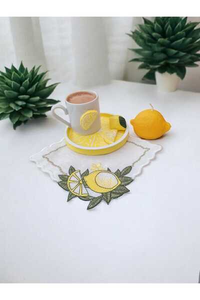 RivelCandle Handmade Etamine Napkin and Lemon Themed Coffee Cup Presentation Set