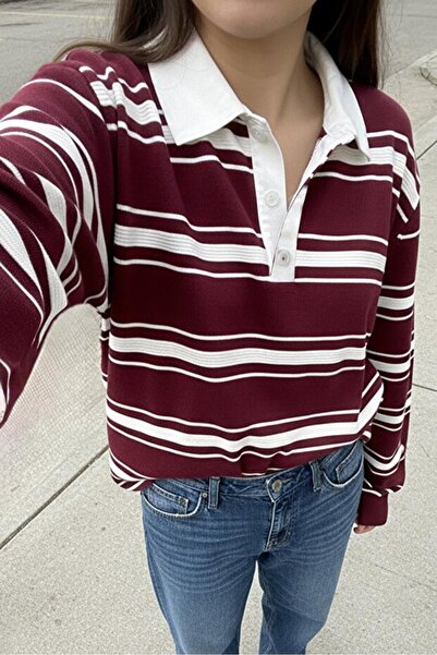 GALAVİP Women's Buttoned Polo Neck Striped Oversized Knitwear Sweater