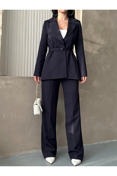 MYGİYİMİSTANBUL Blazer Jacket Wide-Leg Pants Suit and Tied at the Waist with a Thin Belt in the Color,