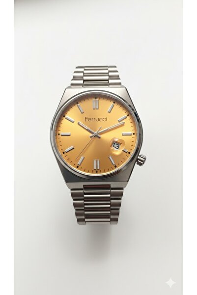 Ferrucci Erkek Kol Saati Gümüş Renk, Turuncu Kadran - Şık Metal Kordon, 2 Yıl Garantili