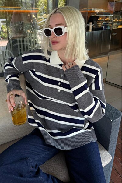 GALAVİP Women's Buttoned Polo Neck Striped Oversized Knitwear Sweater