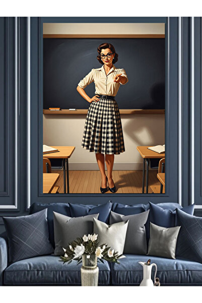 karizmart Etekli Vintage Pin-Up Kadın Öğretmen Dekoratif Kanvas - Mdf Ahşap T...