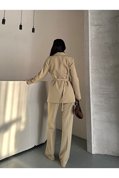 MYGİYİMİSTANBUL Blazer Jacket Wide-Leg Pants Suit and Tied at the Waist with a Thin Belt in the Color,