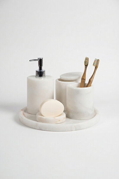 Deconore Doğal Mermer Banyo Seti 5’li – El Yapımı Banyo Aksesuar Takımı ve De...