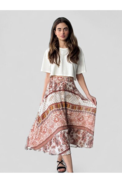Retrobird Valerie Chiffon Flared Lined Long Skirt Women's Cognac Tan