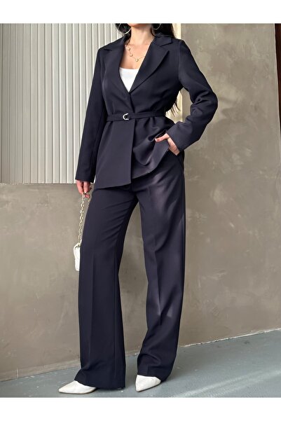 MYGİYİMİSTANBUL Blazer Jacket Wide-Leg Pants Suit and Tied at the Waist with a Thin Belt in the Color,