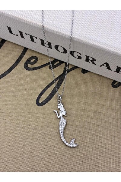 Hedef Bijuteri Steel Silver Color Zircon Stone Detailed Mermaid Figure Necklace