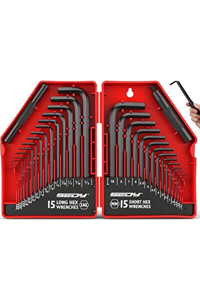 SEDY 32-Piece Hex Key Wrench Set, Metric & SAE (0.028-3/8in, 0.7-10mm), Chrome Vanadium