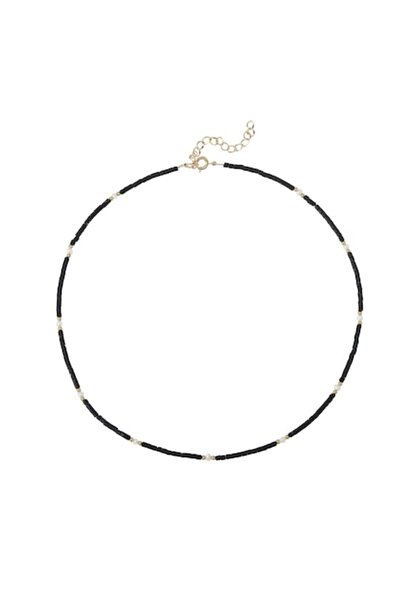 Ezera Colier tip choker Lenny — Agat negru și perle, placat cu alamă și aur de 18K