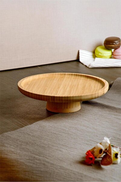 Bayev Bamboo 20 cm Round Footed Presentation Tray 700723 - Wooden Serving Presentation Plate