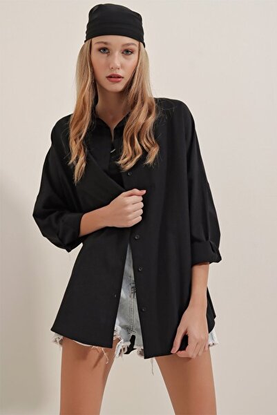 Gökyüzü Moda Black Oversized Long Basic Shirt 3900