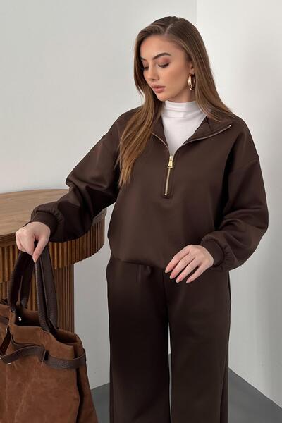 Elbee Fashion Woman Brown Zipper Detailed Scuba Suit