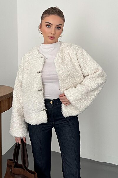 Elbee Fashion Woman Ecru Plush Short Jacket