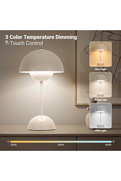 NALACAL Modern Flowerpot Cordless Mushroom Table Lamp, Rechargeable, 3-Color Dimmable (White)