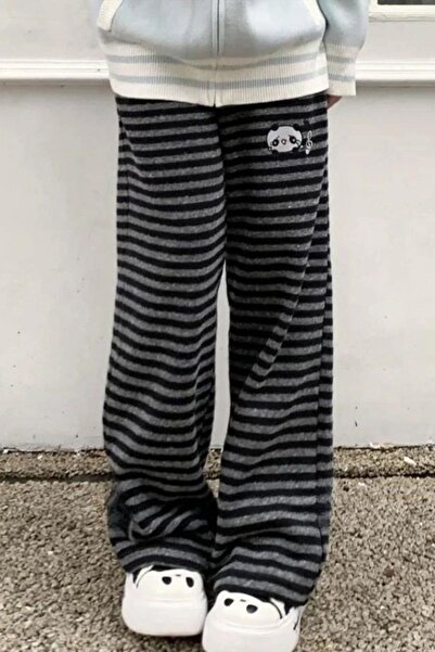 Karakedi Black Anthracite Striped Melody Panda Elastic Waist Y2K Unisex Tracksuit