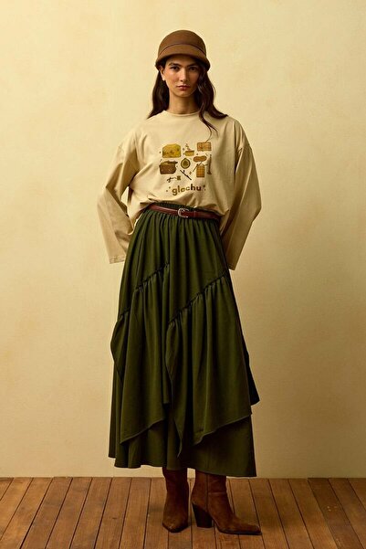 Ceylan Otantik Beige Glochu Printed Basic Bodysuit & Khaki Polyviscose Bohemian Floor Skirt Set