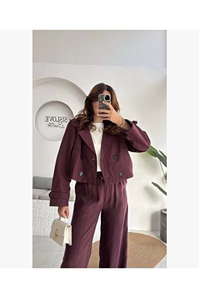 Narstorm Women's Burgundy Crop Short Model Premium Quality Trench Coat