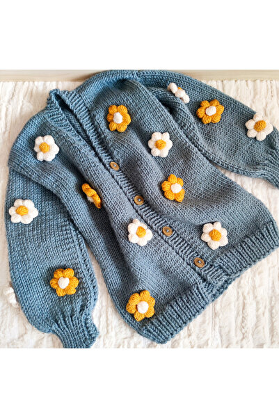 Pamuk Atölye Hand Knitted Daisy Motif Girl's Cardigan 6-7 Years Old