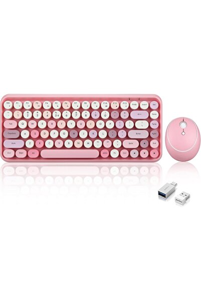 Perixx PERIDUO-713 Wireless Mini Keyboard and Mouse Combo, Retro Round Key Caps, Pastel Pink, US Eng