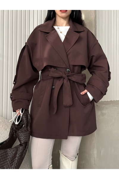 MYGİYİMİSTANBUL Trençkot Kemerli Kuşaklı Düğmeli Şık Rahat Günlük Kombin İlkb...