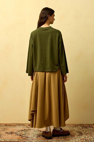 Ceylan Otantik Haki Glochu Printed Basic Body & Caramel Polyviscose Bohemian Floor Skirt Set