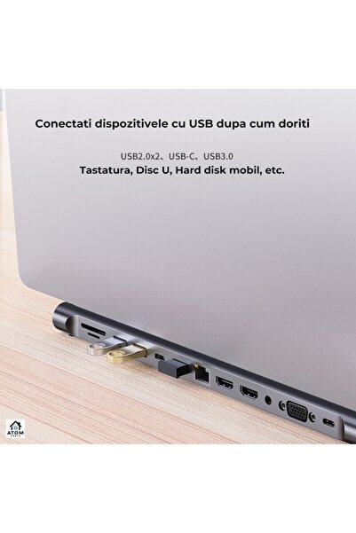 ATOM DEALS 11-in-1 USB-C Multiport Hub - 4K HDMI, VGA, PD100W, Card Reader, Ethernet (Gray)