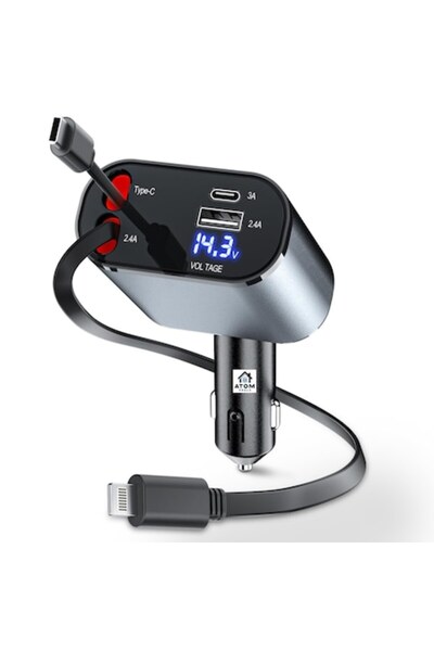 OEM ATOM DEALS 4-in-1 Car Charger 120W, 180° rotation, retractable USB-C & iPhone cable, 800mm, grey