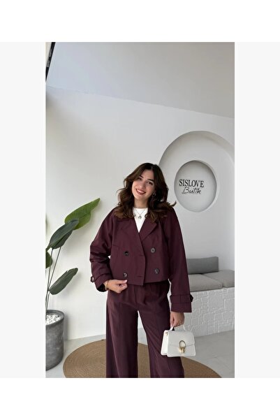 Narstorm Women's Burgundy Crop Short Model Premium Quality Trench Coat