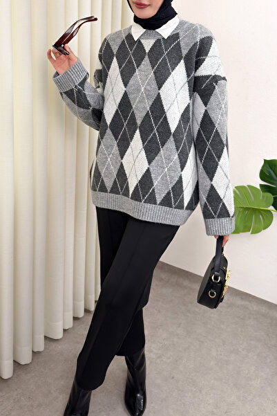 Salih Çelebi Baklava Patterned Sweater 07424 - Gray