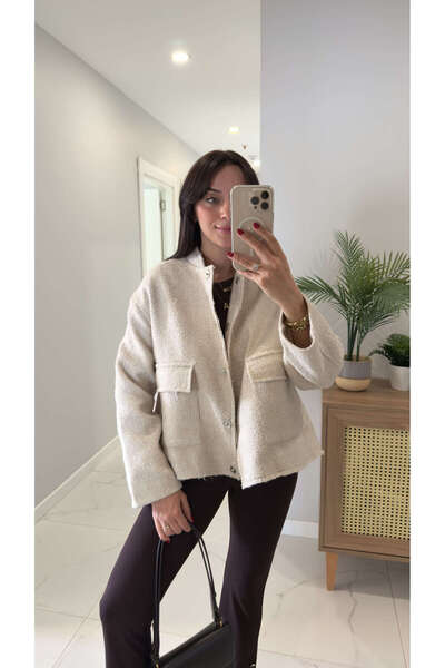 BİRCANÇİL Yorensa Ecru Tweed Jacket with Pocket Detail