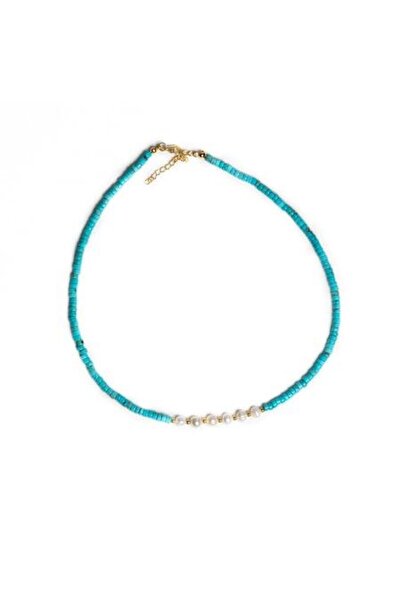 Ezera Colier tip choker turcoaz - piatră Shoushan cu perle de apă dulce, plac...