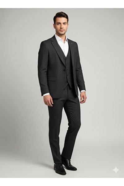 SÜVARİ Slim Fit Vest Set Dobby Pattern Black Suit