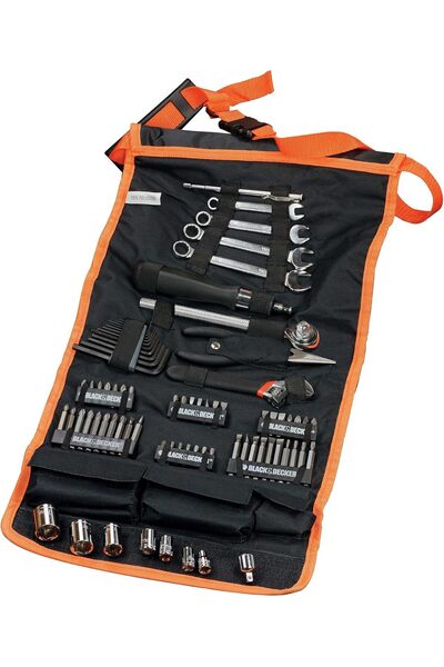 Generic BLACK+DECKER 77 Pieces Automotive Roll-up Kit with Socket Wrenches & Screwdriver Bitsets, Orange/Bla