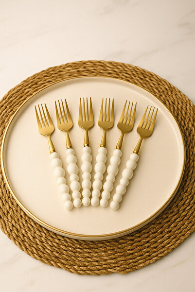 BEYZANA 6 Adet Plastik İnci Detaylı Gold Tatlı Çatal Takımı