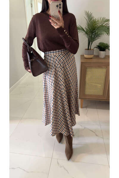 BİRCANÇİL Diessa Beige Plaid Skirt