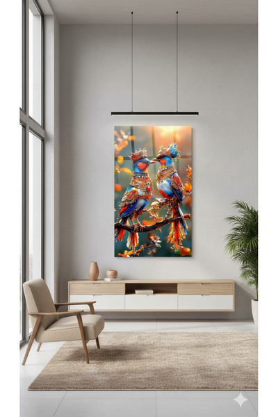 BLT DİZAYN Royal Birds Double Painting – Luxurious Crowned Colorful Birds Decorative Glass Painting