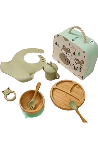 ATOM DEALS Set de masă unisex pentru bebeluși - Bambus și silicon, Ventuză și bol (Verde)