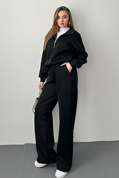 Elbee Fashion Woman Black Zipper Detailed Scuba Set