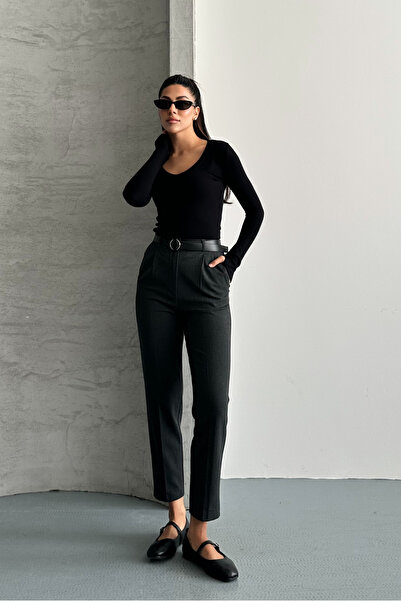 macharel jeans Women's Skinny Leg Pleated Belted Fabric Cigarette Pants