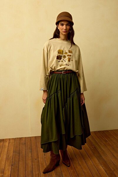 Ceylan Otantik Beige Glochu Printed Basic Bodysuit & Khaki Polyviscose Bohemian Floor Skirt Set