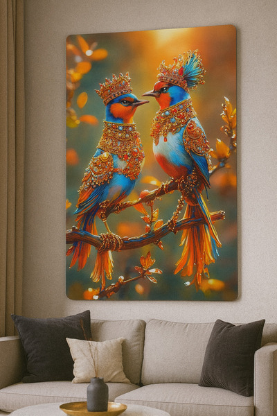 BLT DİZAYN Royal Birds Double Painting – Luxurious Crowned Colorful Birds Decorative Glass Painting