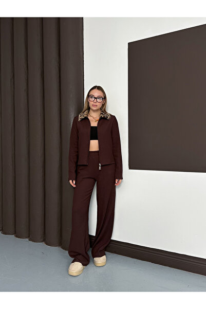 LE CARAMBOLE Women's Brown Leopard Fur Collar Detailed Bottom-Top Set