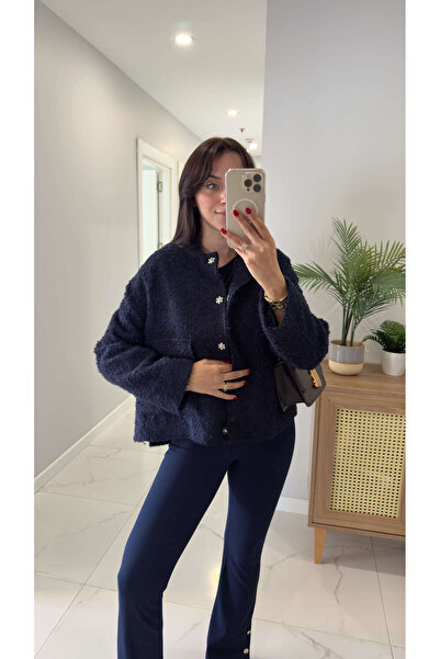 BİRCANÇİL Yorensa Navy Blue Tweed Jacket with Pocket Detail