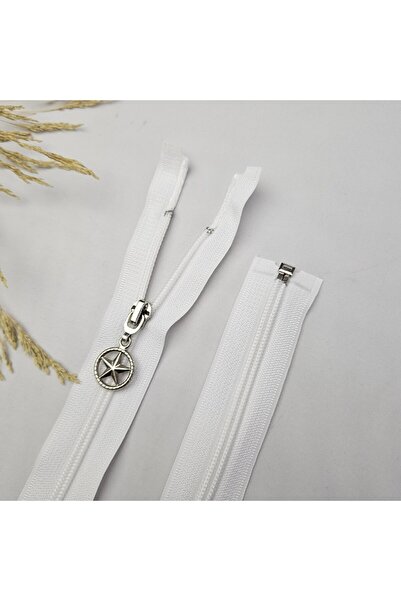 Kaf Kumaş Ekru Renk Yıldız Elcikli Açık Uçlu Fermuar | Naylon Dişli Fermuar U...