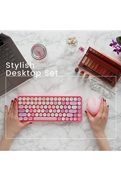 Perixx PERIDUO-713 Wireless Mini Keyboard and Mouse Combo, Retro Round Key Caps, Pastel Pink, US Eng